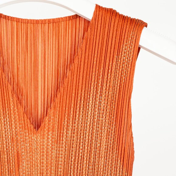 Pleats Please Issey Miyake Orange Metallic-Pattern Sleeveless Maxi Dress - Picture 4 of 8